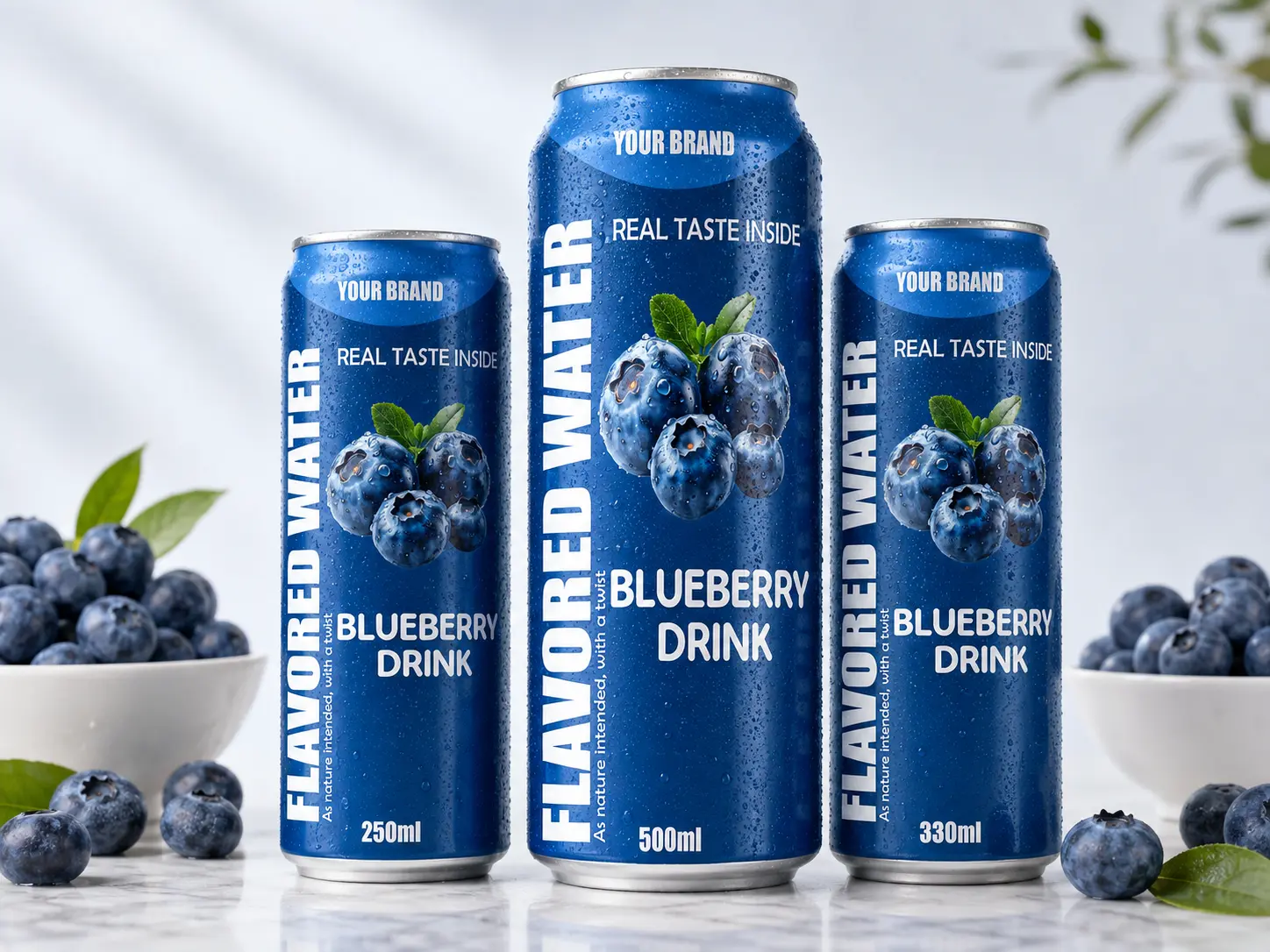 FLAVORED WATER blueberry drink cans in 250ml, 330ml and 500ml sizes.